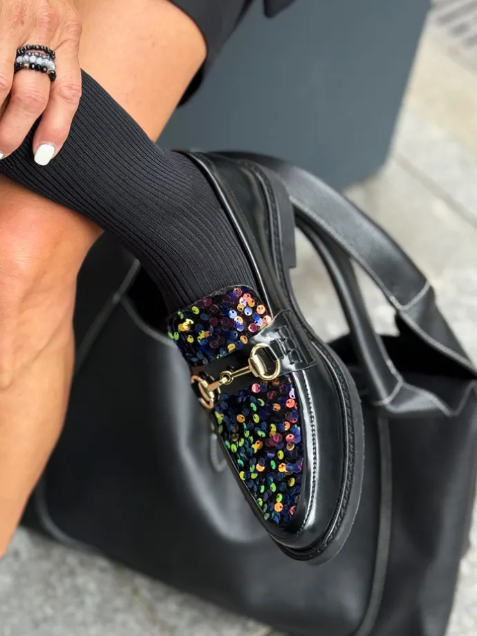 CZARNE MOKASYNY Z CEKINAMI HEGO'S Milano